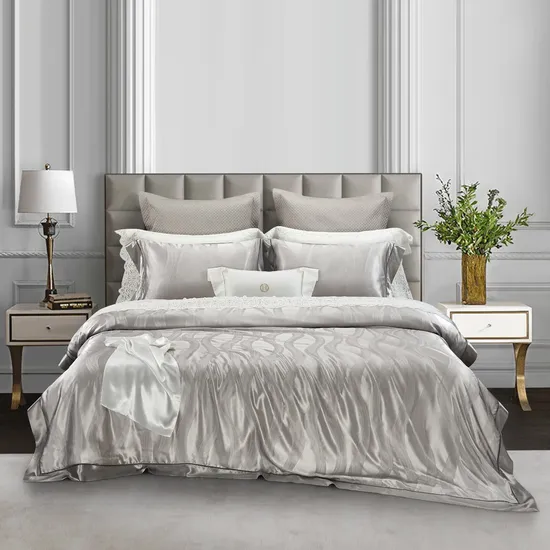 Super Luxury 4 Pieces Home Textile Grey Jacquard 100% Mulberry Silk Duvet Quilt Comforter Cover Bed Sheets King ODM/OEM Bedding Set 