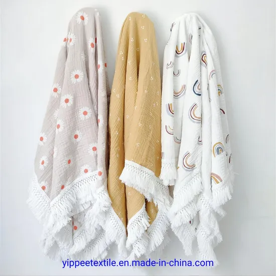 OEM Fringed Cotton Muslin Blanket 4 Layers Kids Blanket 