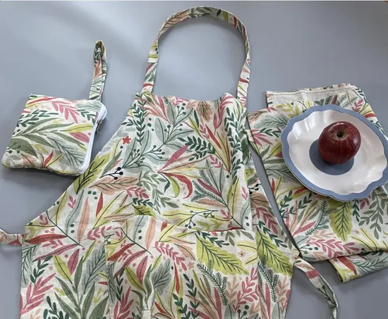 Custom Digital Printed Leaf Linen Kitchen Textile Used for Cooking Baking 