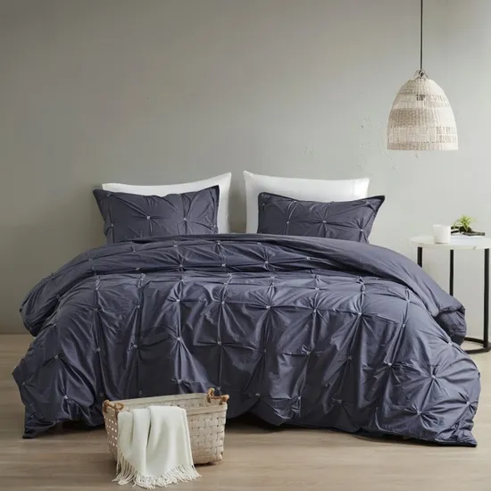Wholesale Factory Price Home Textile 100% Cotton Navy Bed Bedding Set with 2 Pillowcase Sham Comforter Elastic Embroidery 3 PCS Embroidered Duvet Cover 